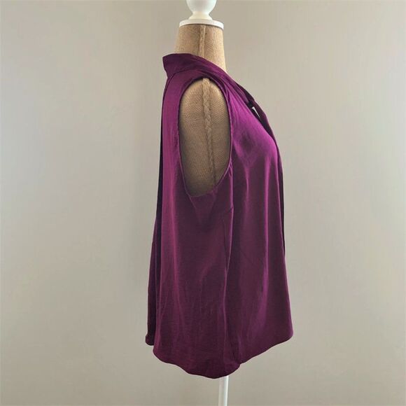 Banana Republic Women Top Petite Size PL Purple Tie Collar Sleeveless Office - Picture 6 of 8